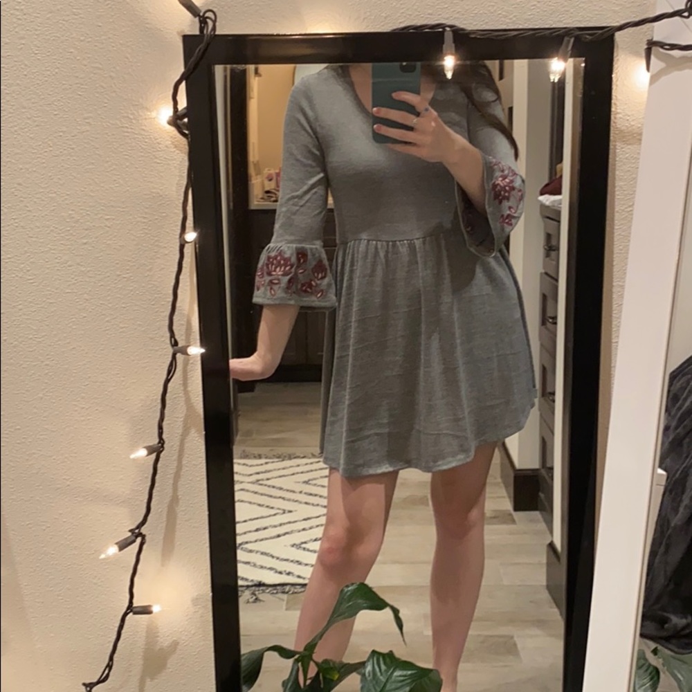 Grey Dress with Embroidered Bell Sleeve Detail